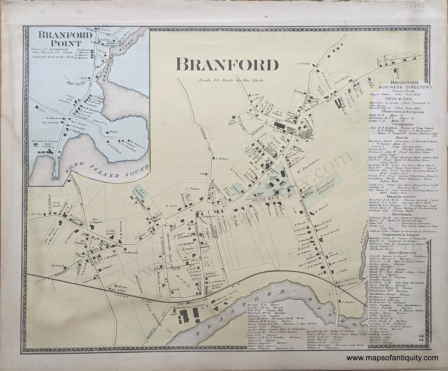 Antique-Hand-Colored-Map-Branford--(CT)-******-United-States-Connecticut-1868-Beers-Maps-Of-Antiquity