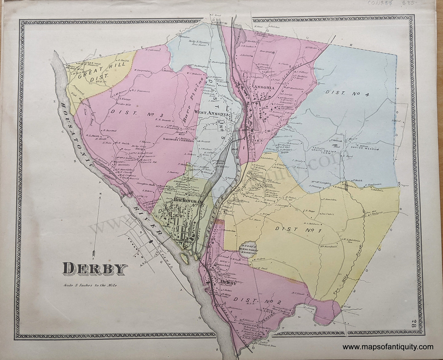 Antique-Hand-Colored-Map-Derby-(CT)-******-United-States-Connecticut-1868-Beers-Maps-Of-Antiquity