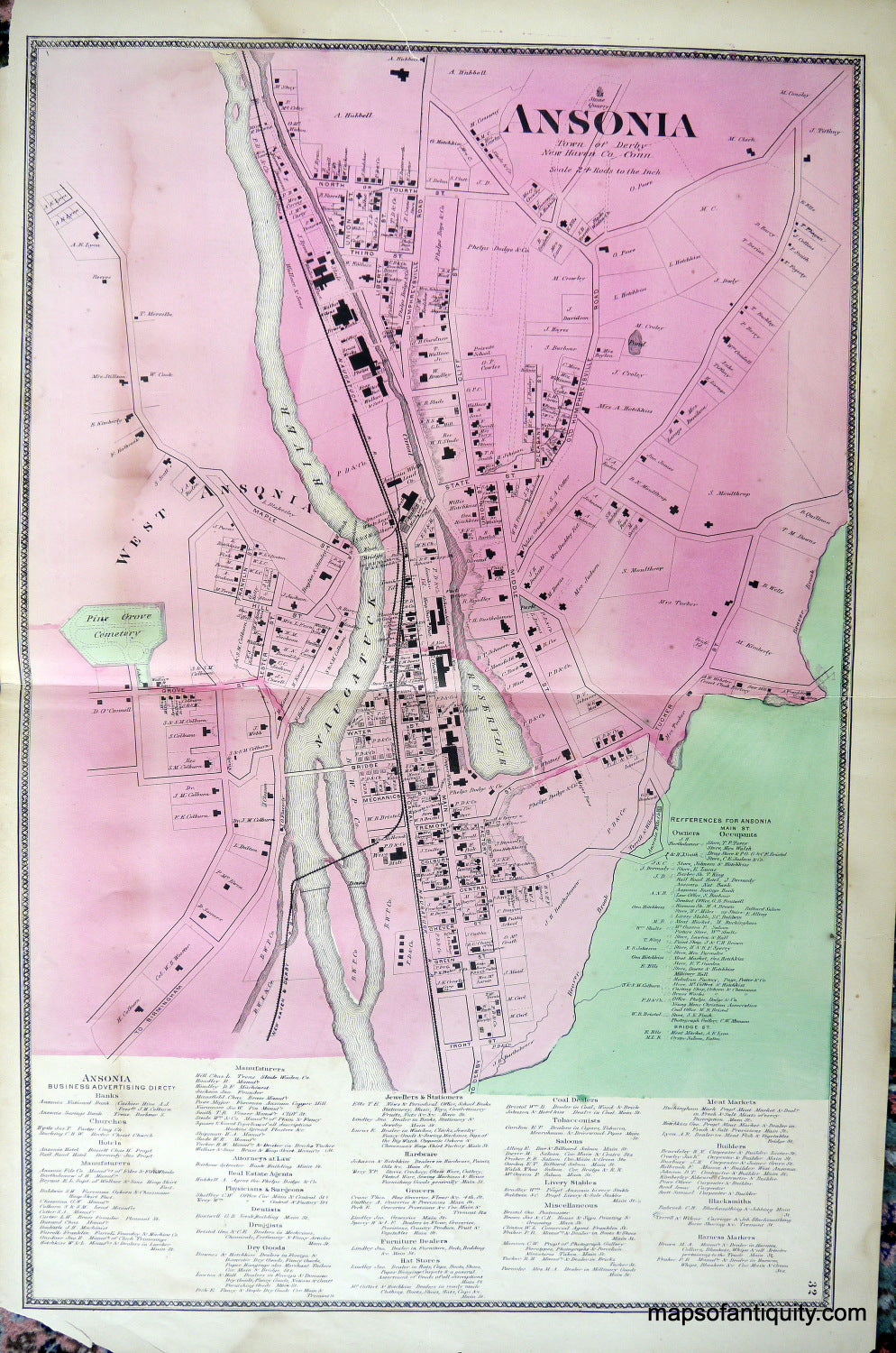 Antique-Hand-Colored-Map-Ansonia-Town-of-Derby-New-Haven-Co.-Conn.-United-States-Connecticut-1868-Beers-Maps-Of-Antiquity