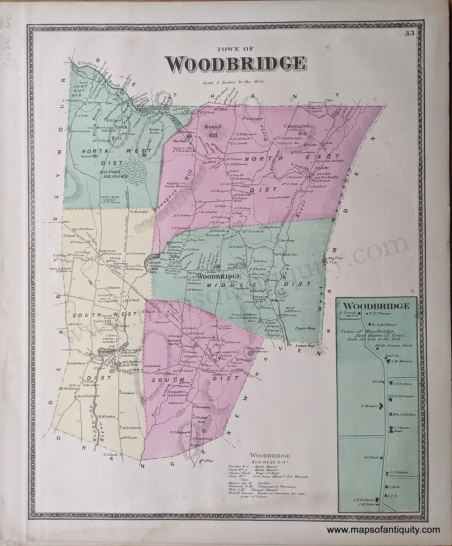Antique-Hand-Colored-Map-Town-of-Woodbridge-(CT)-******-United-States-Connecticut-1868-Beers-Maps-Of-Antiquity