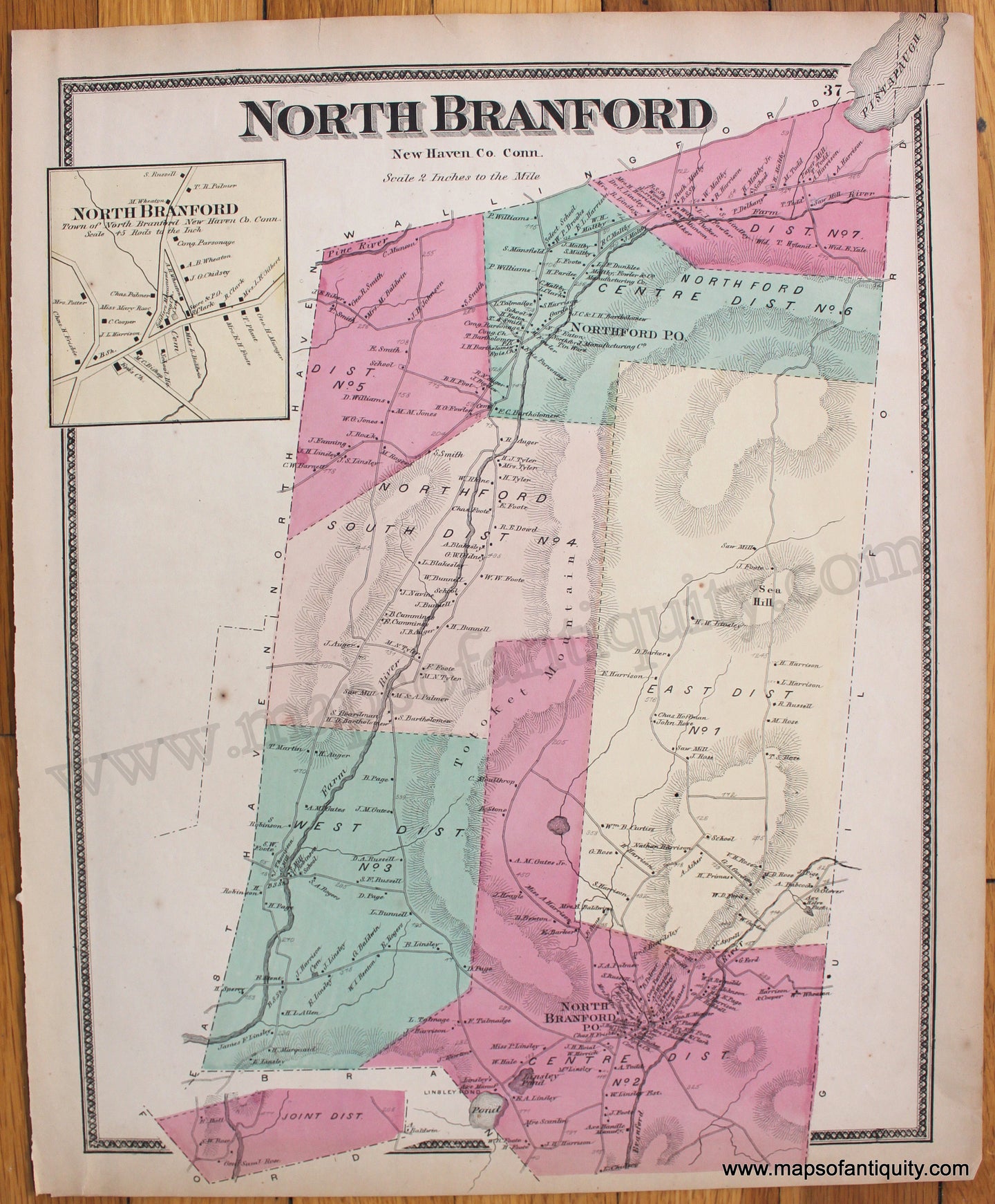 Antique-Hand-Colored-Map-North-Branford-New-Haven-Co.-Conn.--United-States-Connecticut-1868-Beers-Maps-Of-Antiquity