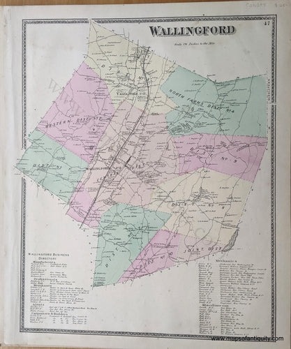 Antique-Hand-Colored-Map-Wallingford--(CT)-**********-United-States-Connecticut-1868-Beers-Maps-Of-Antiquity