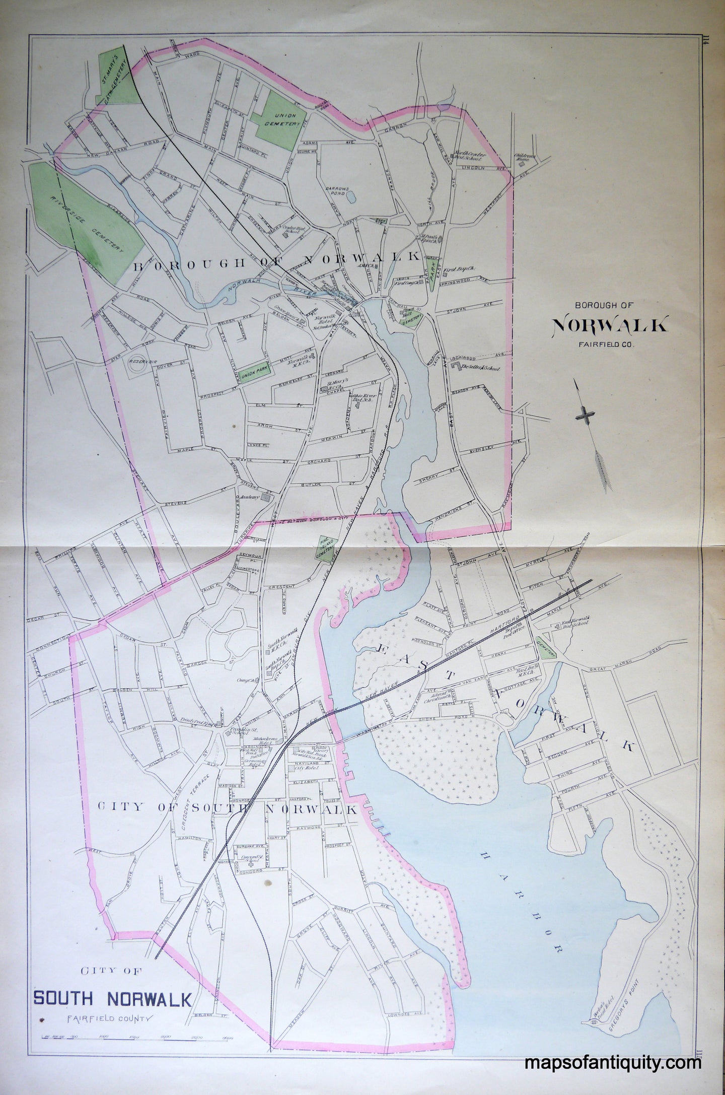 Antique-Hand-Colored-Map-Borough-of-Norwalk-City-of-South-Norwalk-East-Norwalk-(CT)-**********-Connecticut--1893-D.H.-Hurd-Maps-Of-Antiquity