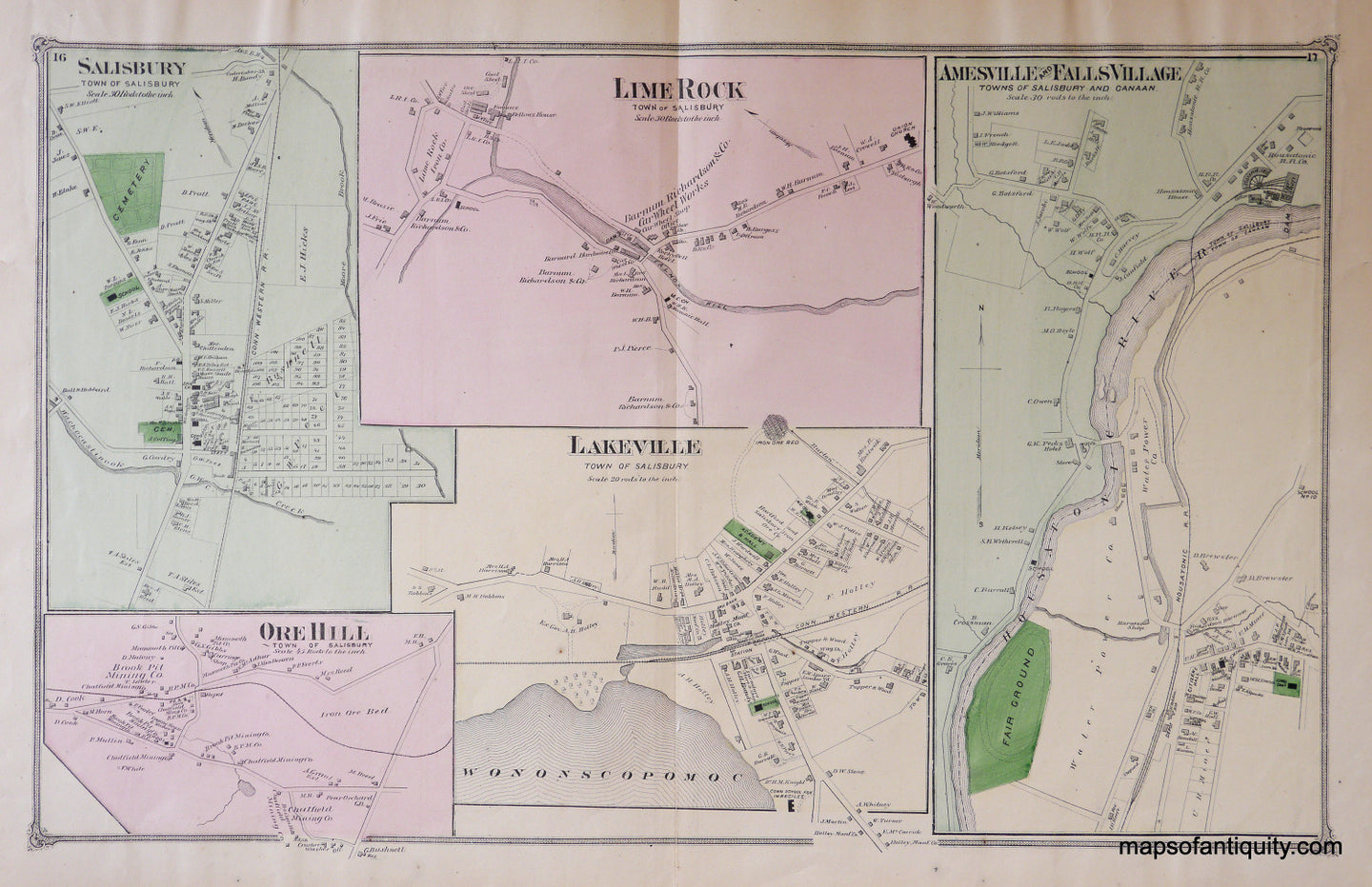 Antique-Hand-Colored-Map-Salisbury-Village-Lime-Rock-Amesville-Connecticut-United-States-Connecticut-1874-Beers-Maps-Of-Antiquity