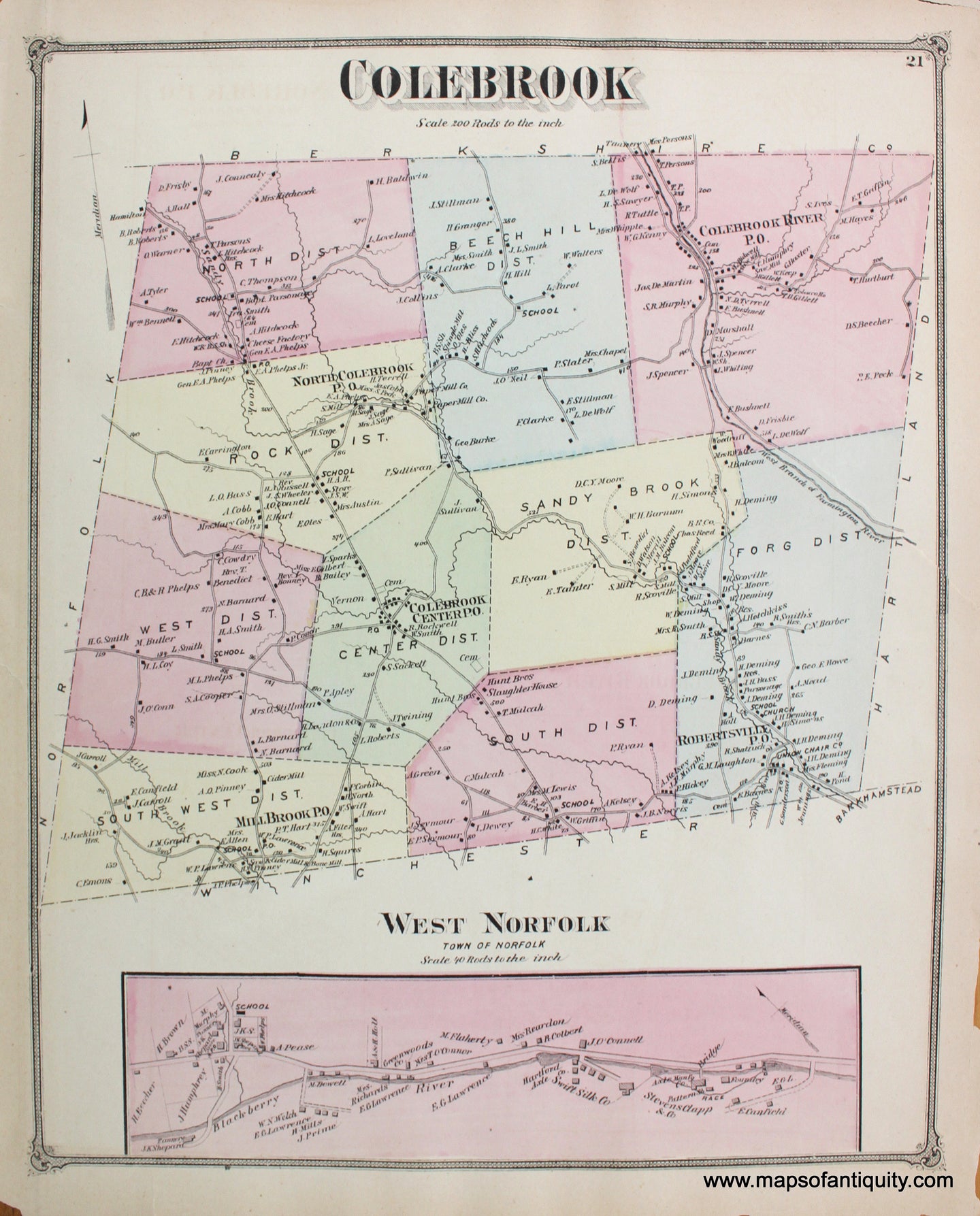 Antique-Hand-Colored-Map-Colebrook-Connecticut--United-States-Connecticut-1874-Beers-Maps-Of-Antiquity