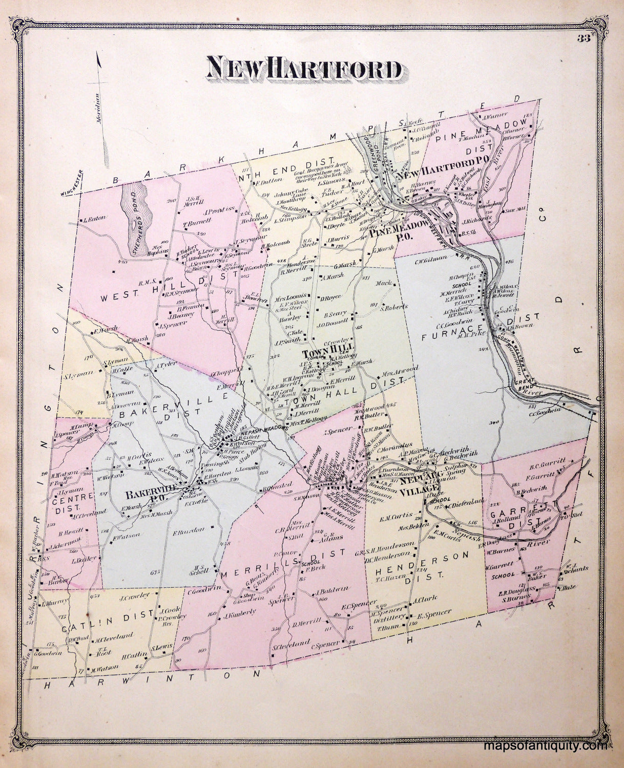 Antique-Hand-Colored-Map-New-Hartford-Connecticut-United-States-Connecticut-1874-Beers-Maps-Of-Antiquity