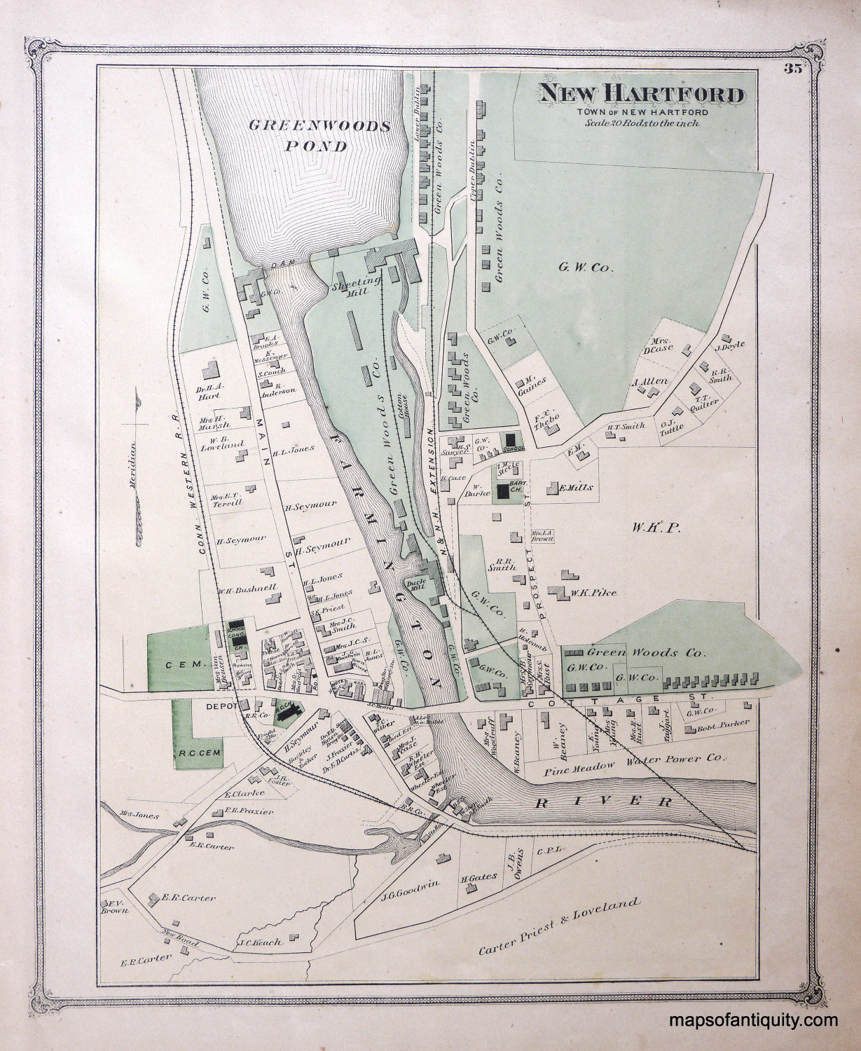 Antique-Hand-Colored-Map-New-Hartford-Village-Connecticut-United-States-Connecticut-1874-Beers-Maps-Of-Antiquity