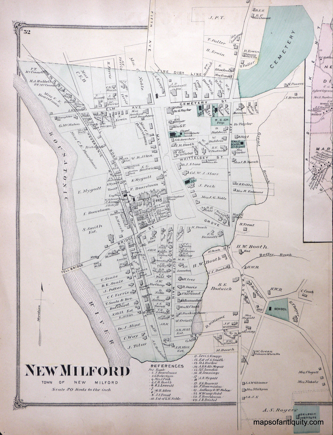 Antique-Hand-Colored-Map-New-Milford-Village-Connecticut-**********-United-States-Connecticut-1874-Beers-Maps-Of-Antiquity