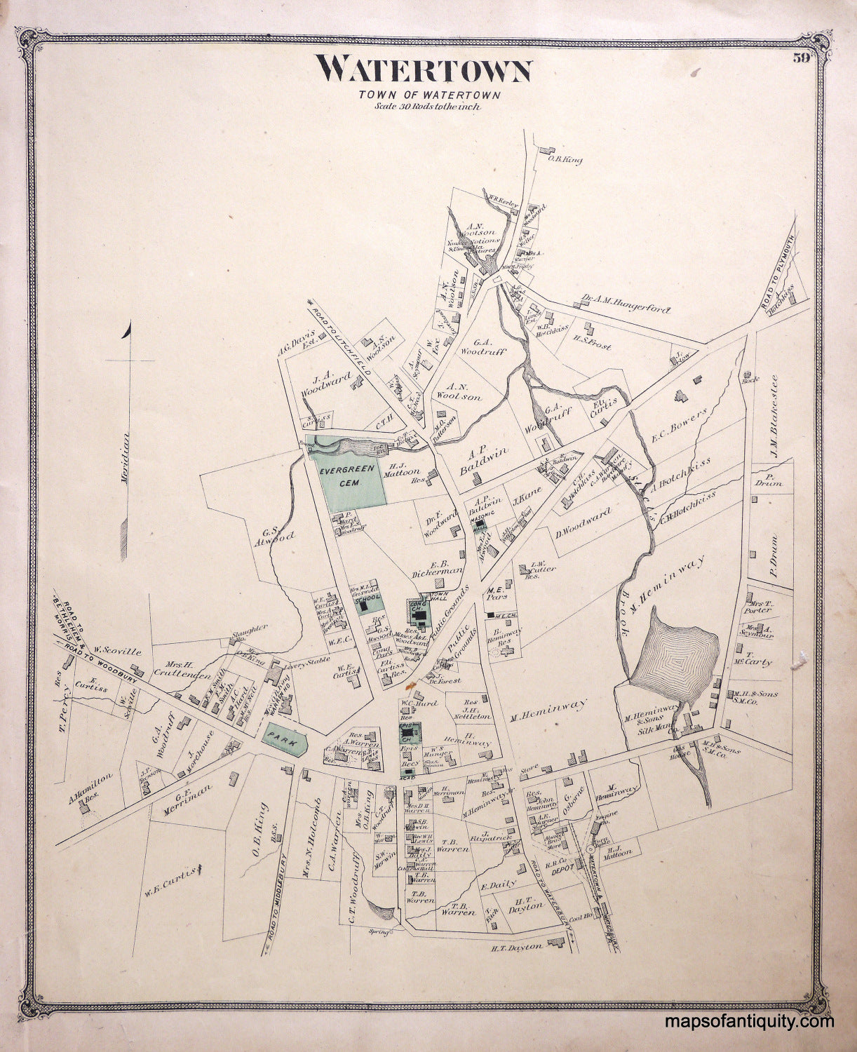 Antique-Hand-Colored-Map-Watertown-Village-Connecticut-United-States-Connecticut-1874-Beers-Maps-Of-Antiquity