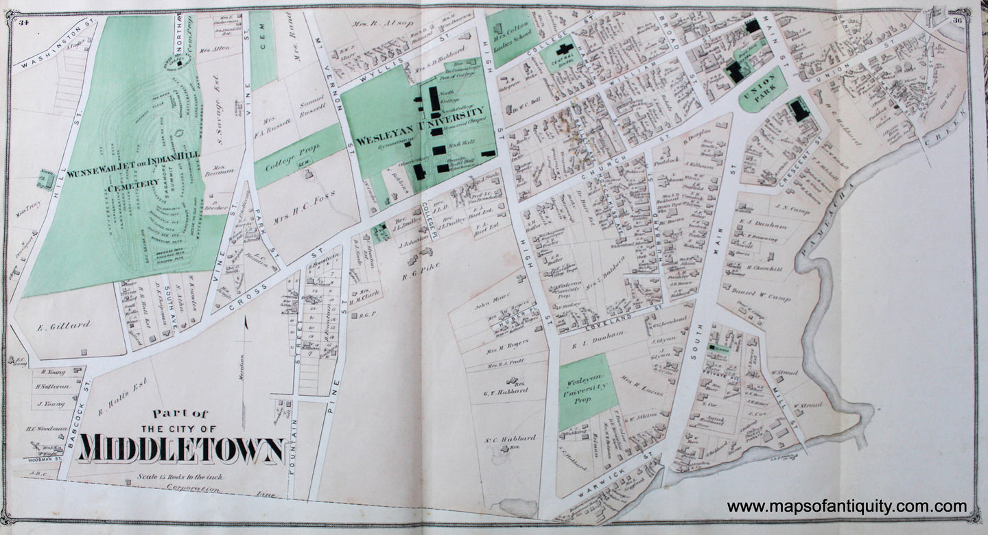 Antique-Hand-Colored-Map-Part-of-the-City-of-Middletown-CT-3-with-Wesleyan-University-United-States-Connecticut-1874-Beers-Maps-Of-Antiquity