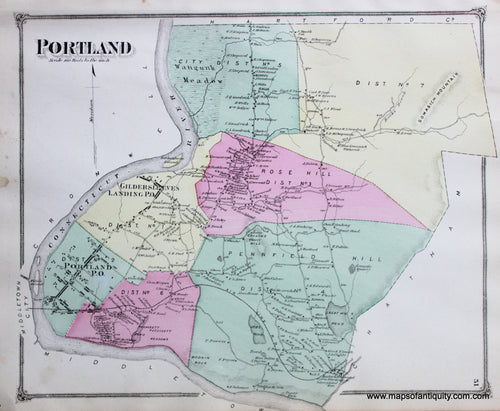 Antique-Hand-Colored-Map-Portland-CT-United-States-Connecticut-1874-Beers-Maps-Of-Antiquity