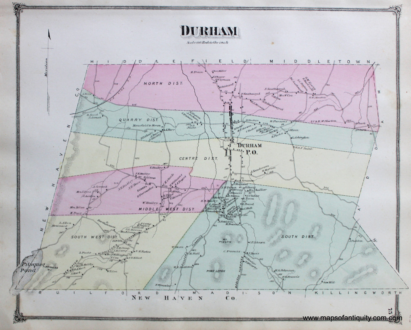 Antique-Hand-Colored-Map-Durham-CT-**********-United-States-Connecticut-1874-Beers-Maps-Of-Antiquity