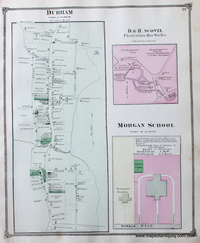 Antique-Hand-Colored-Map-Village-of-Durham-Morgan-School-and-Plantation-Hoe-Works-Durham-CT-United-States-Connecticut-1874-Beers-Maps-Of-Antiquity