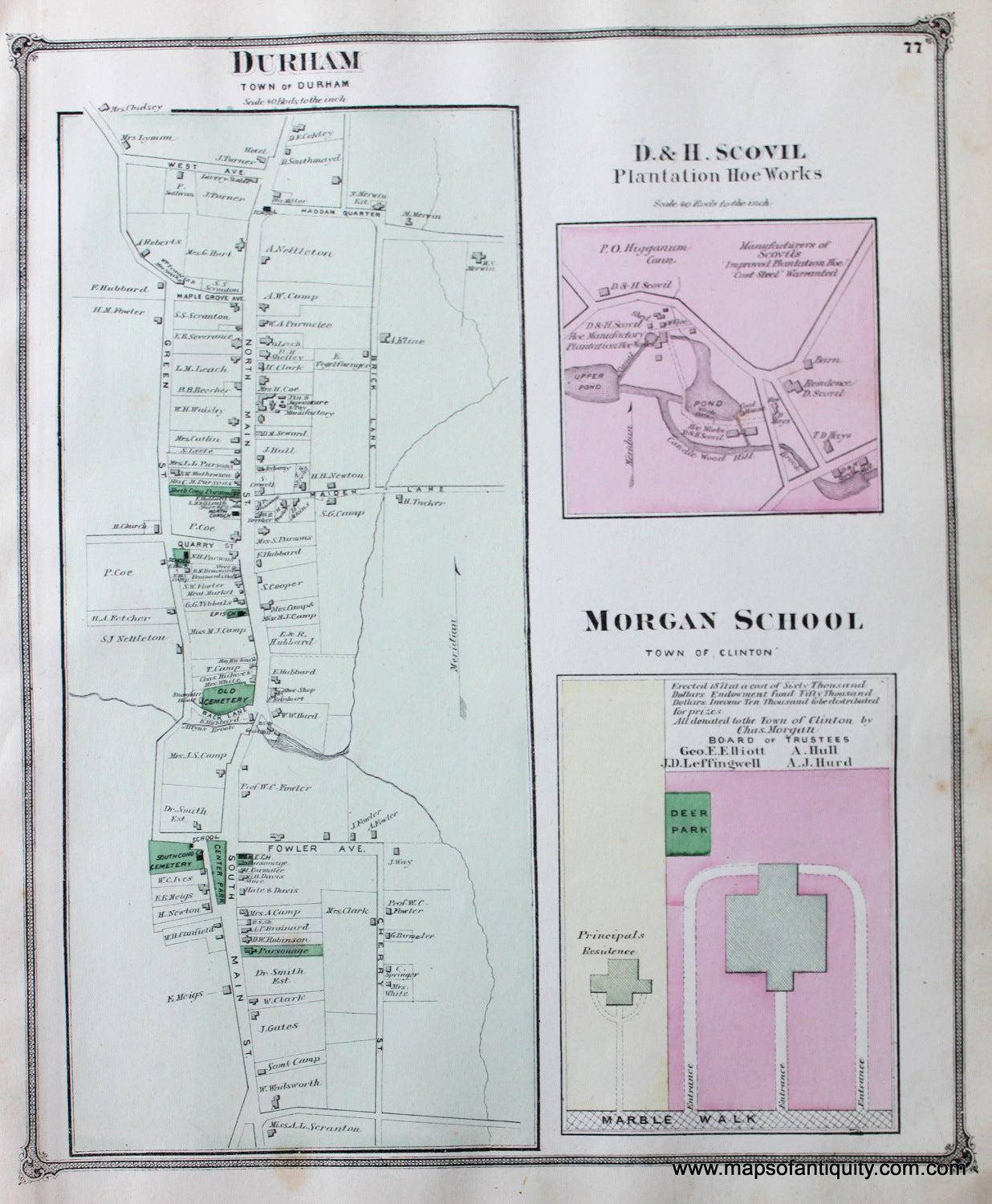 Antique-Hand-Colored-Map-Village-of-Durham-Morgan-School-and-Plantation-Hoe-Works-Durham-CT-United-States-Connecticut-1874-Beers-Maps-Of-Antiquity