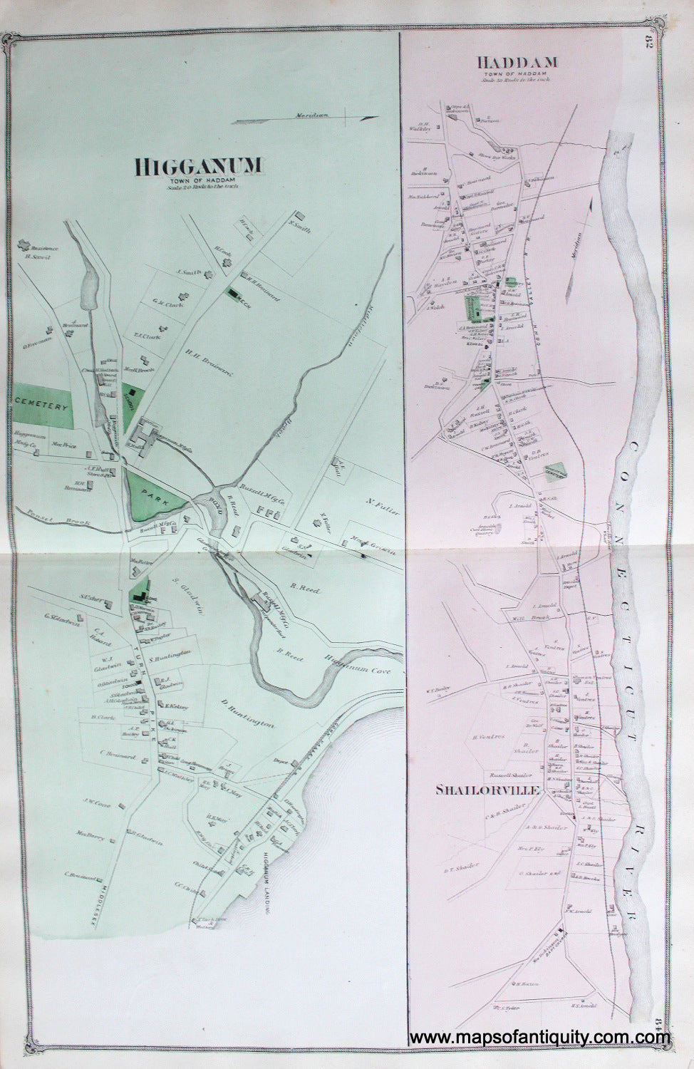 Antique-Hand-Colored-Map-Higganum-and-Haddam-Town-of-Haddam-CT-United-States-Connecticut-1874-Beers-Maps-Of-Antiquity