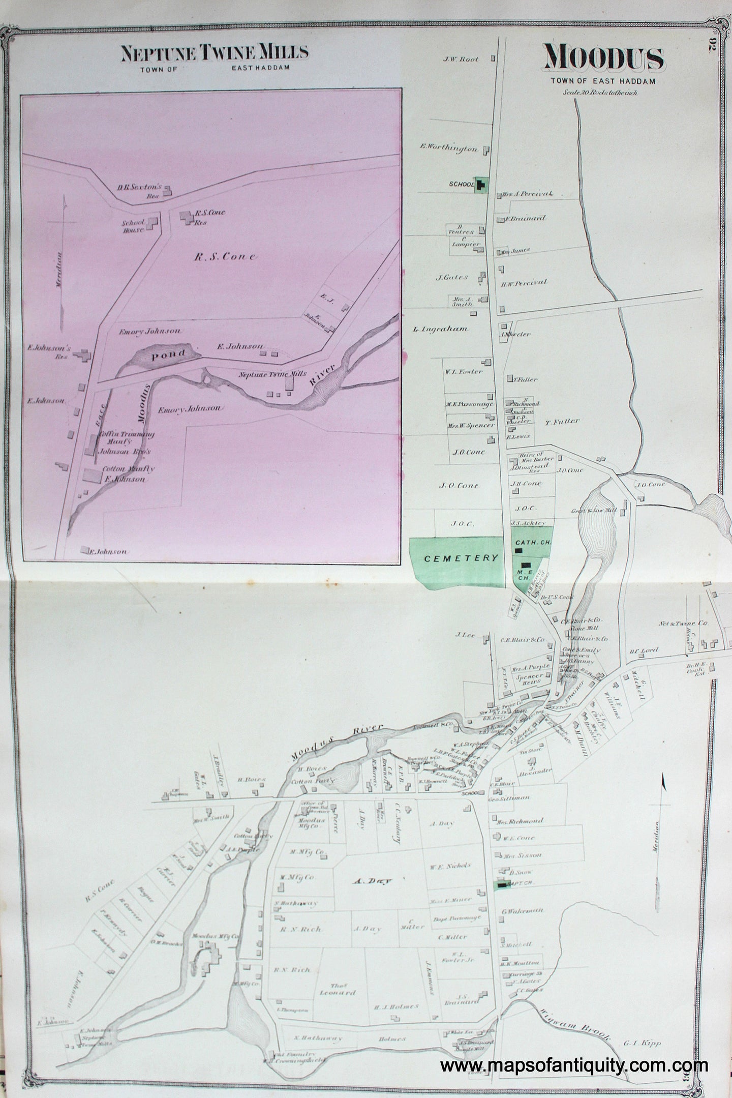 Antique-Hand-Colored-Map-Neptune-Twine-Mills-and-Moodus-in-East-Haddam-CT-United-States-Connecticut-1874-Beers-Maps-Of-Antiquity