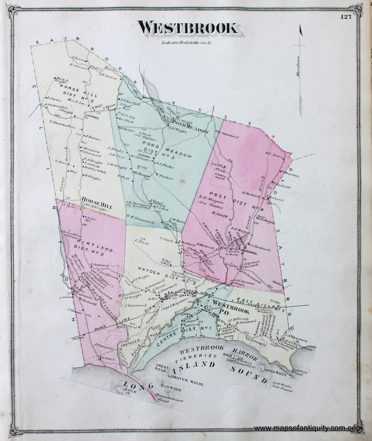 Antique-Hand-Colored-Map-Westbrook-CT-United-States-Connecticut-1874-Beers-Maps-Of-Antiquity