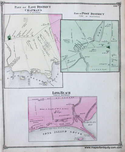Antique-Hand-Colored-Map-Part-of-East-District-Chapman's-Part-of-Post-District-Long-Beach-Town-of-Westbrook-CT-United-States-Connecticut-1874-Beers-Maps-Of-Antiquity