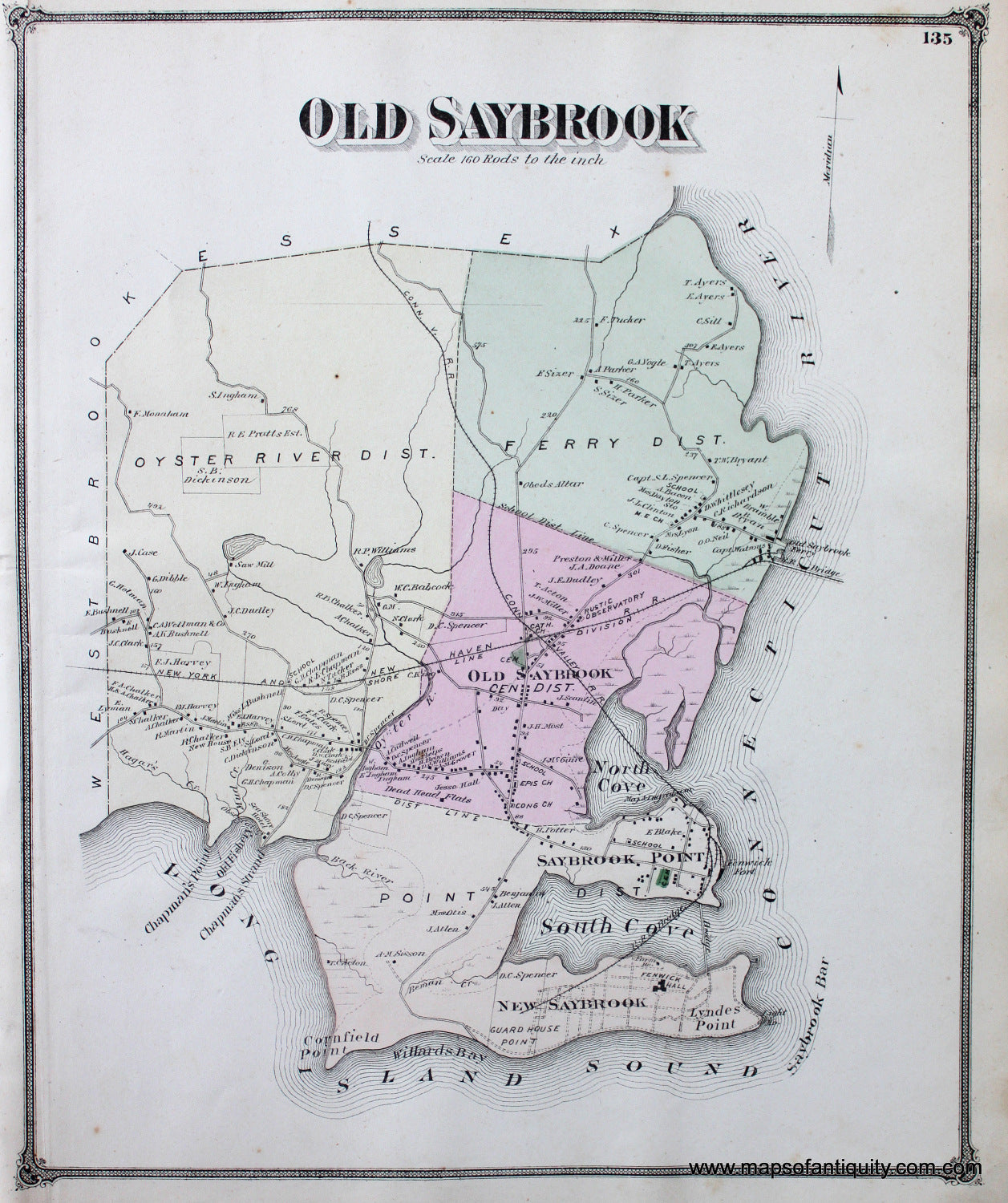 Antique-Hand-Colored-Map-Old-Saybrook-CT-verso-Oyster-River-Farms-**********-United-States-Connecticut-1874-Beers-Maps-Of-Antiquity