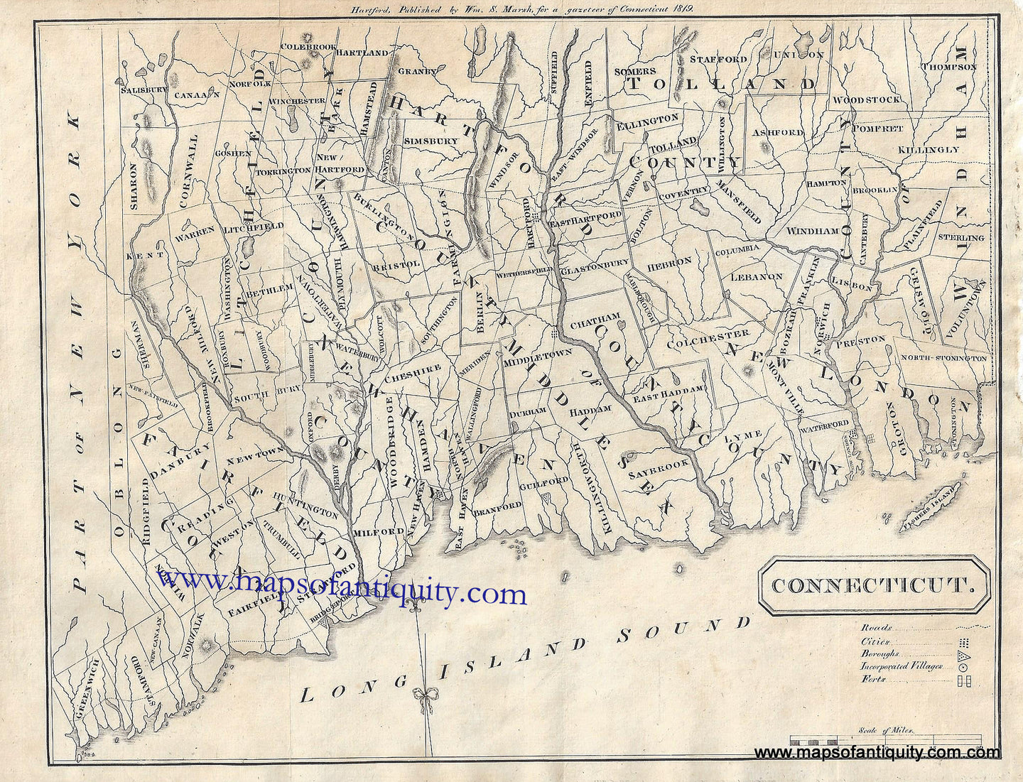Antique-Black-and-White-Map-Connecticut-**********-United-States-Connecticut-1819-Lockwood-Maps-Of-Antiquity