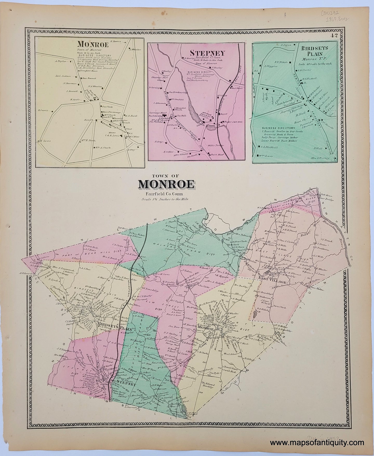 Antique-Hand-Colored-Map-Town-of-Monroe-(With-Monroe-Stepney-and-Birdseys-Plain)-United-States-Northeast-1867-Beers-Maps-Of-Antiquity