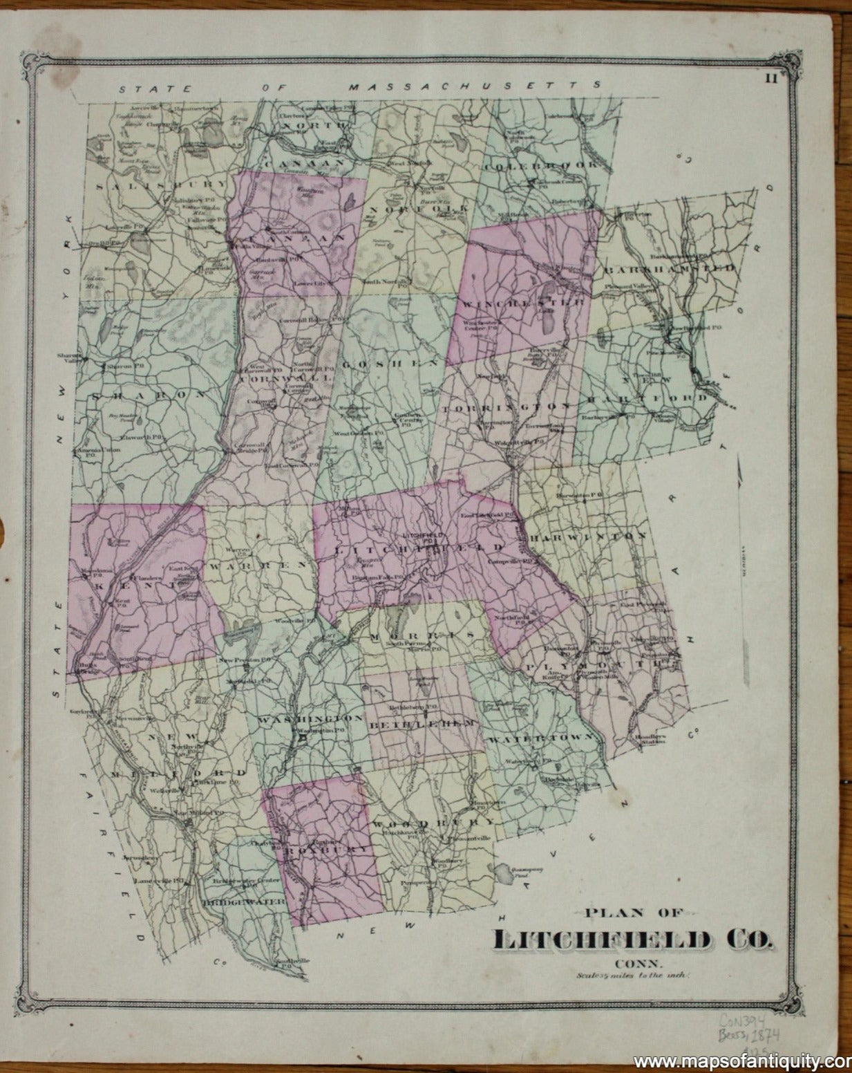 Antique-Hand-Colored-Map-Plan-of-Litchfield-Co.-Conn.--United-States-Northeast-1874-Beers-Maps-Of-Antiquity