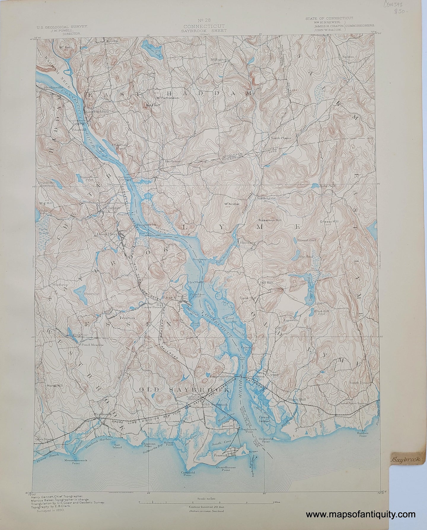 Antique-Topographical-Map-Topography-Connecticut-CT-Saybrook-Sheet-USGS-United-States-Geological-Survey-Maps-of-Antiquity
