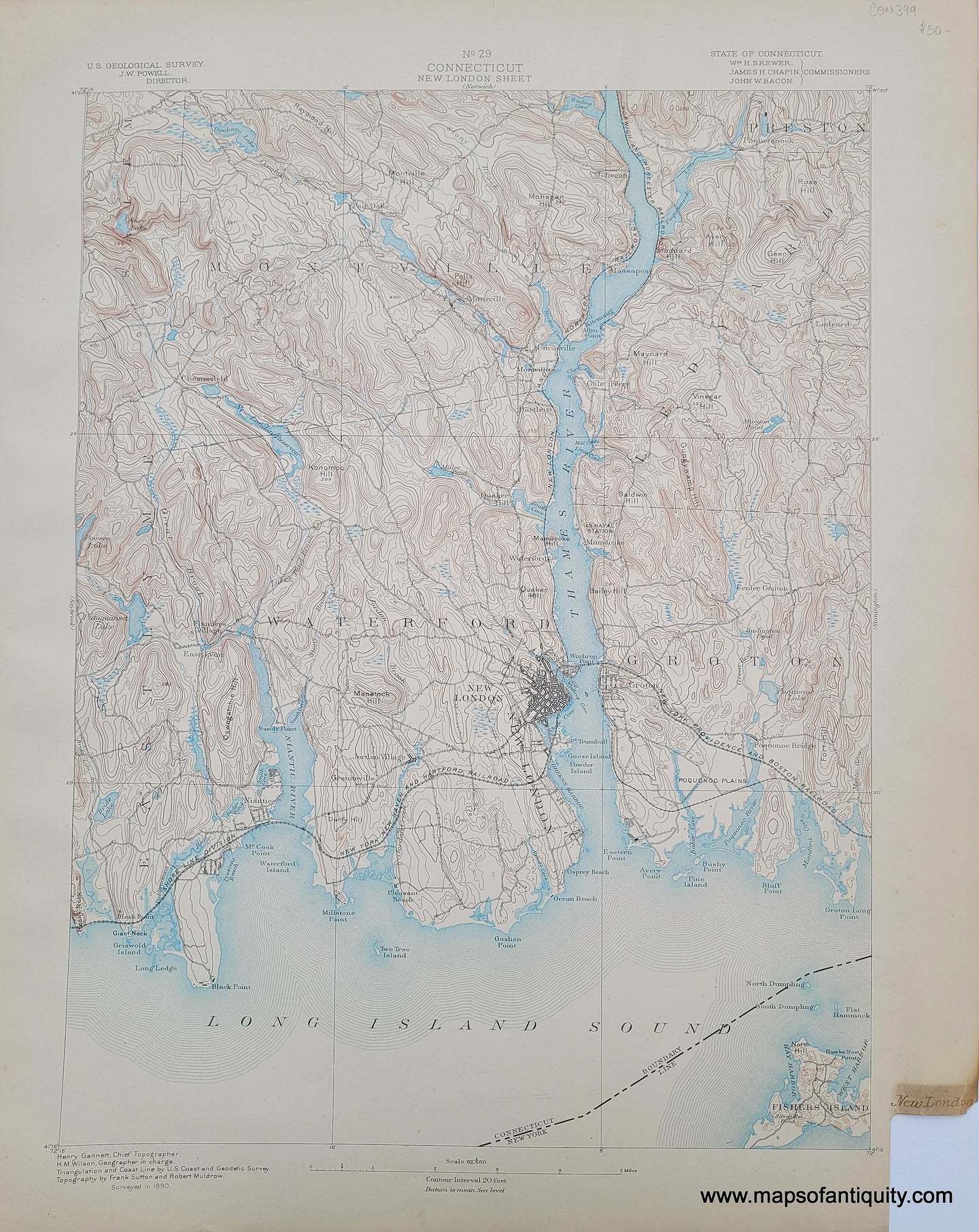 Antique-Topographical-Map-Topography-Connecticut-CT-New-London-Sheet-USGS-United-States-Geological-Survey-Maps-of-Antiquity