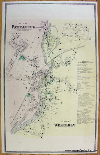 Antique-Hand-Colored-Map-Plan-of-Pawcatuck-Plan-of-Westerly-1868-Beers-Ellis-&-Soule-Connecticut-1800s-19th-century-Maps-of-Antiquity