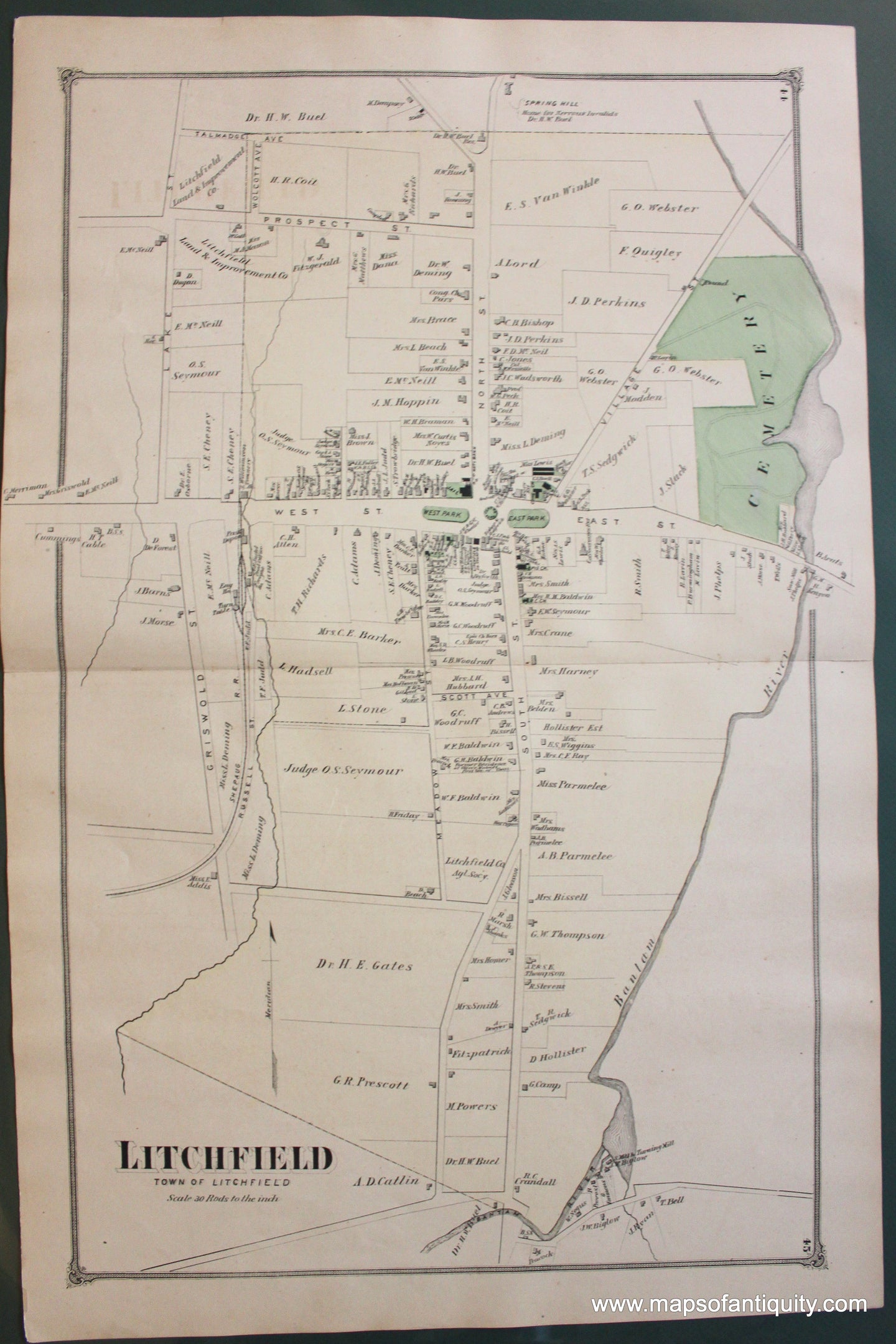 Antique-Hand-Colored-Map-Litchfield-Center-Litchfield-Connecticut-1874-Beers-Connecticut-1800s-19th-century-Maps-of-Antiquity