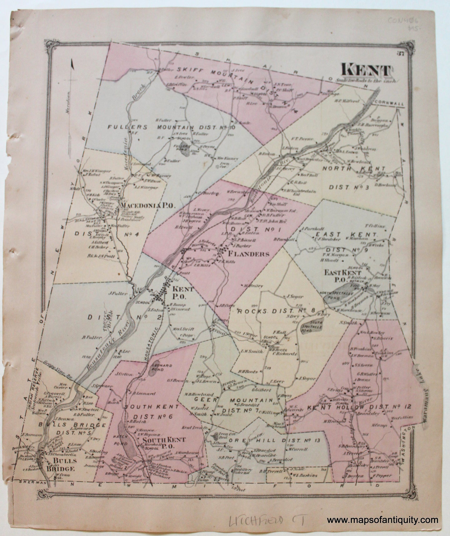 Antique-Hand-Colored-Map-Kent-Connecticut-1874-Beers-Connecticut-1800s-19th-century-Maps-of-Antiquity