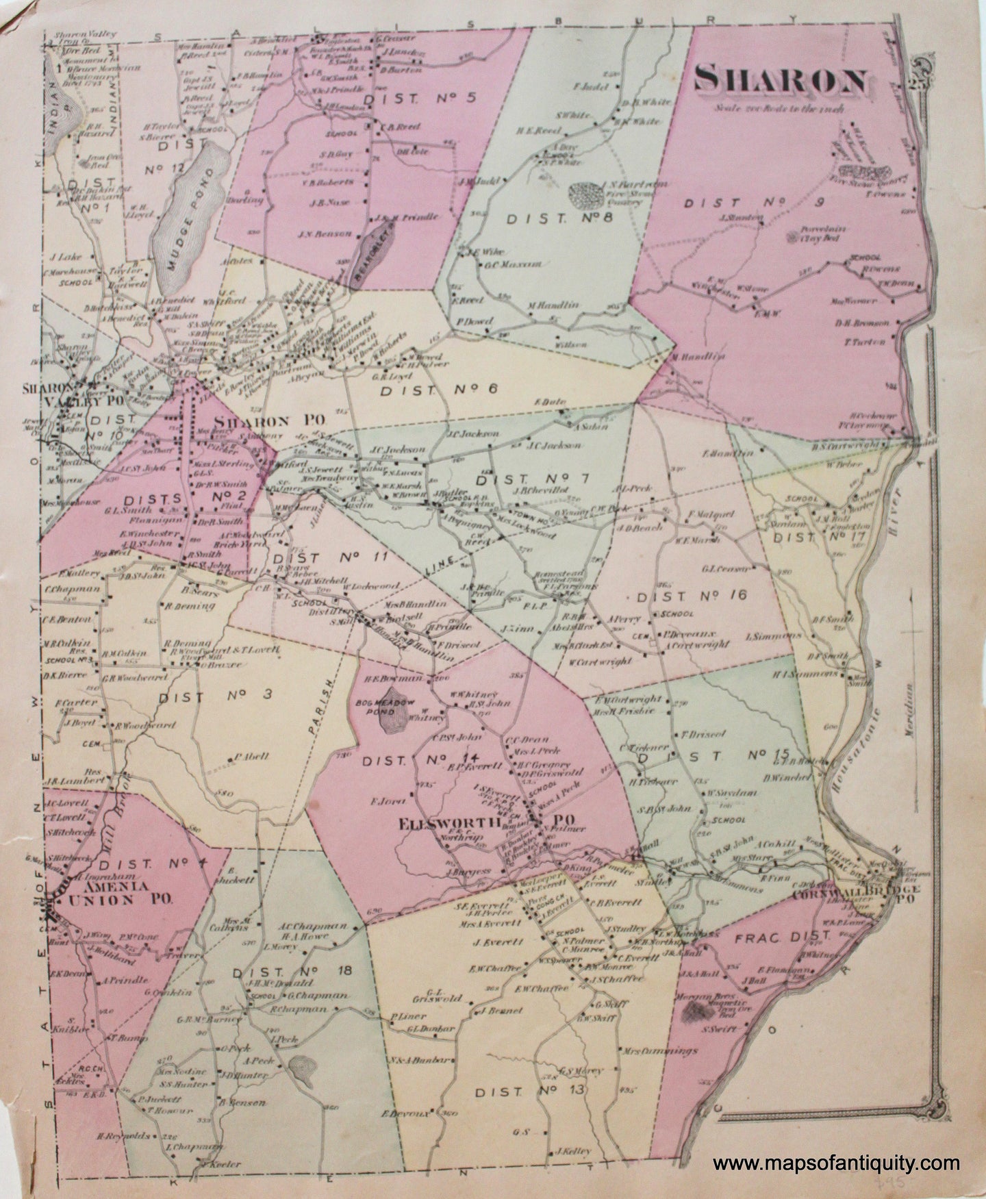 Antique-Hand-Colored-Map-Sharon-Connecticut-1874-Beers-Connecticut-1800s-19th-century-Maps-of-Antiquity