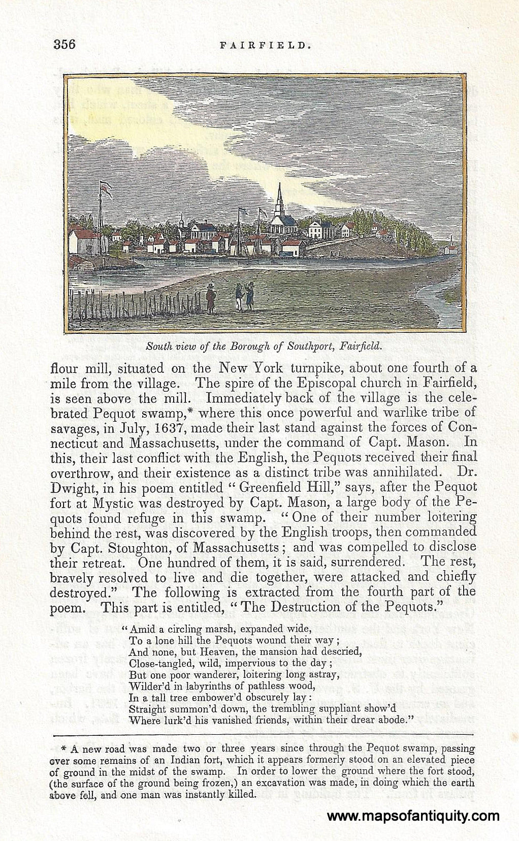 CON410-Antique-Print-South-View-Borough-Southport-Fairfield-Conn-CT-Connescticut-1840-Barber