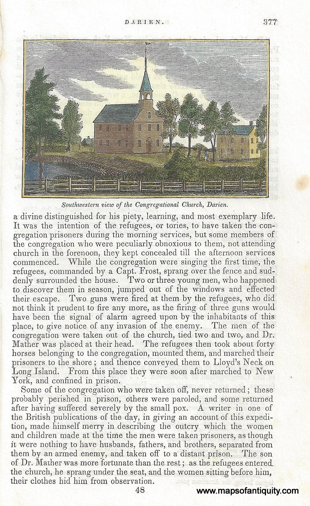 CON412-Antique-Print-Southwestern-view-congregational-church-Darien-Conn-CT-Connescticut-1840-Barber