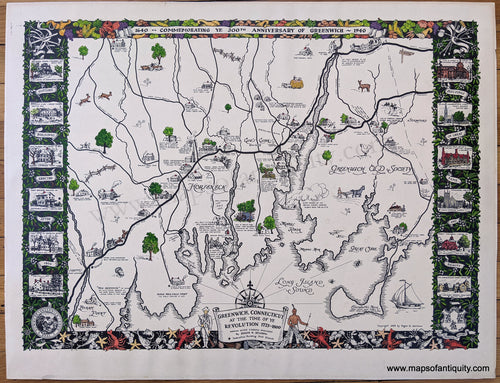 Genuine Antique Map-Greenwich, Connecticut at the Time of ye Revolution 1775-1800-1939-Selchow-Maps-Of-Antiquity-1800s-19th-century