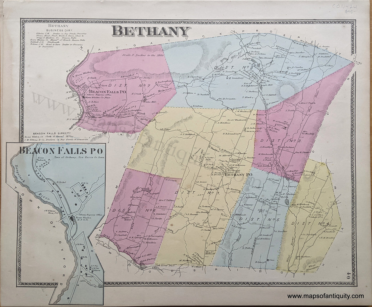 Genuine Antique Hand Colored Map-Bethany  (CT) -1868-Beers-Maps-Of-Antiquity-1800s-19th-century