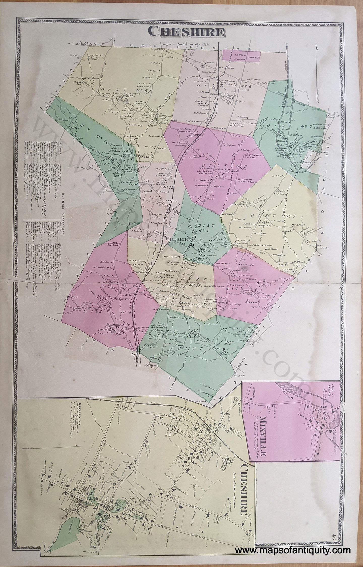 Genuine Antique Hand Colored Map-Cheshire  (CT) -1868-Beers-Maps-Of-Antiquity-1800s-19th-century