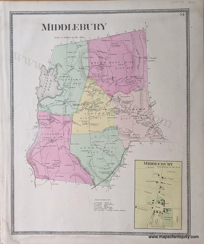 Genuine Antique Hand Colored Map-Middlebury  (CT) -1868-Beers-Maps-Of-Antiquity-1800s-19th-century