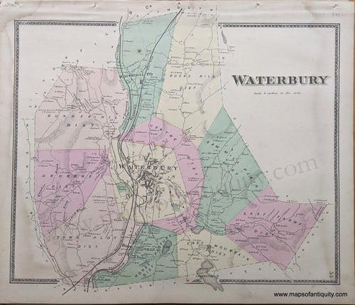 Genuine Antique Hand Colored Map-Waterbury  (CT) -1868-Beers-Maps-Of-Antiquity-1800s-19th-century