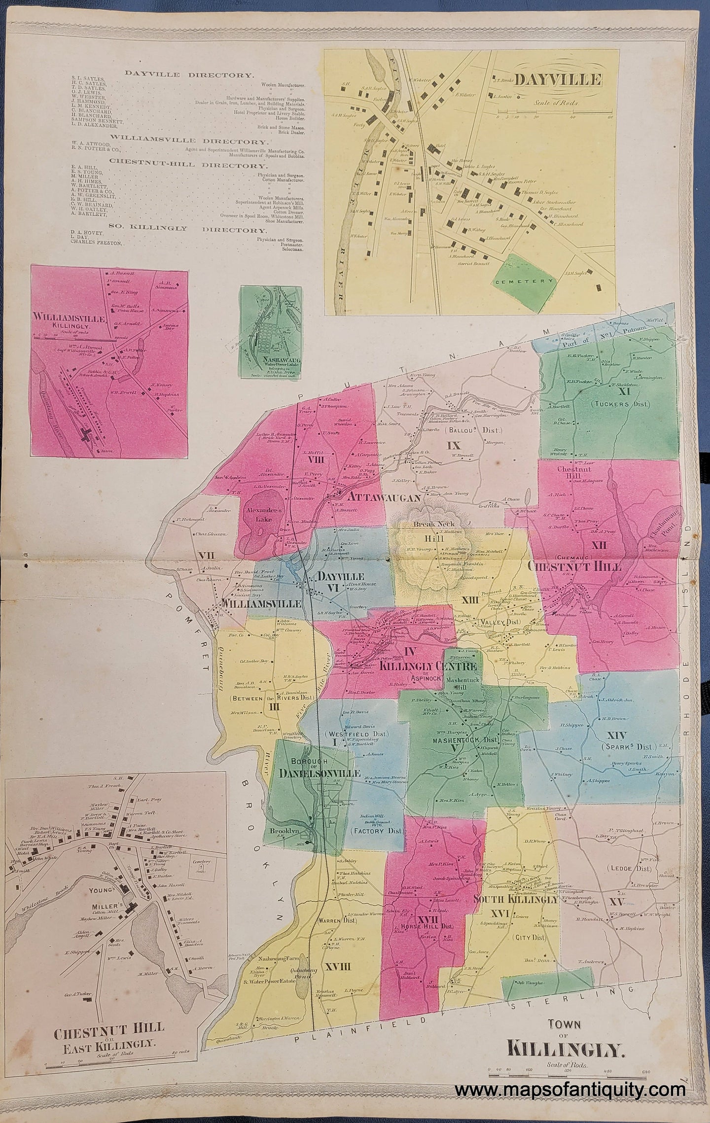 Antique-Hand-Colored-Map-Killingly-Dayville-Nashawaug-Williamsville-Chestnut-Hill--1869-Gray-Keeney-Maps-Of-Antiquity