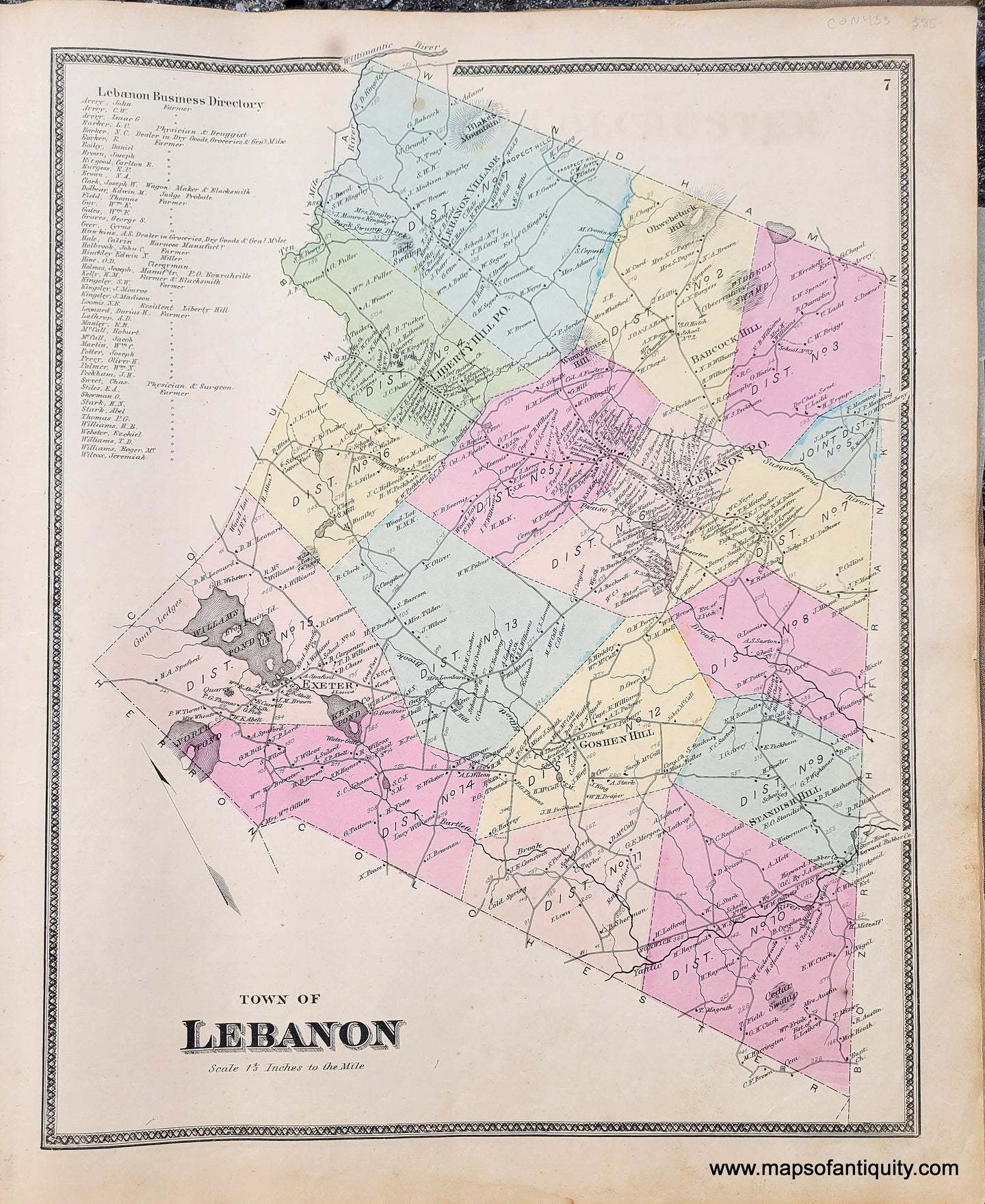 Genuine-Antique-Hand-Colored-Map-Town-of-Lebanon-CT--1868-Beers-Ellis-Soule--Maps-Of-Antiquity
