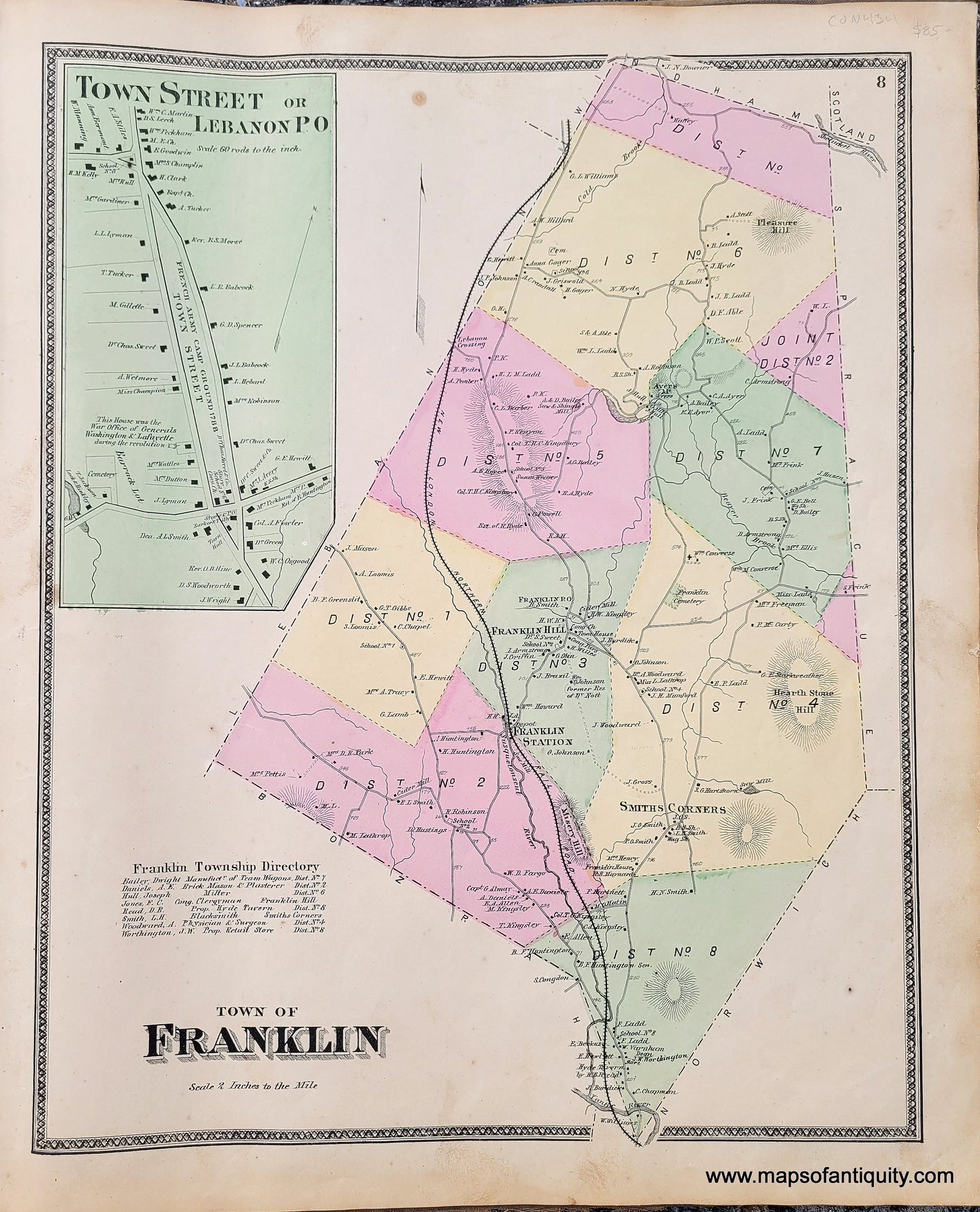 Genuine-Antique-Hand-Colored-Map-Town-of-Franklin-CT--1868-Beers-Ellis-Soule--Maps-Of-Antiquity