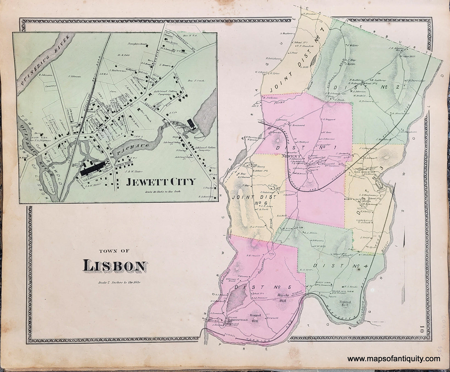 Genuine-Antique-Hand-Colored-Map-Town-of-Lisbon-CT--1868-Beers-Ellis-Soule--Maps-Of-Antiquity