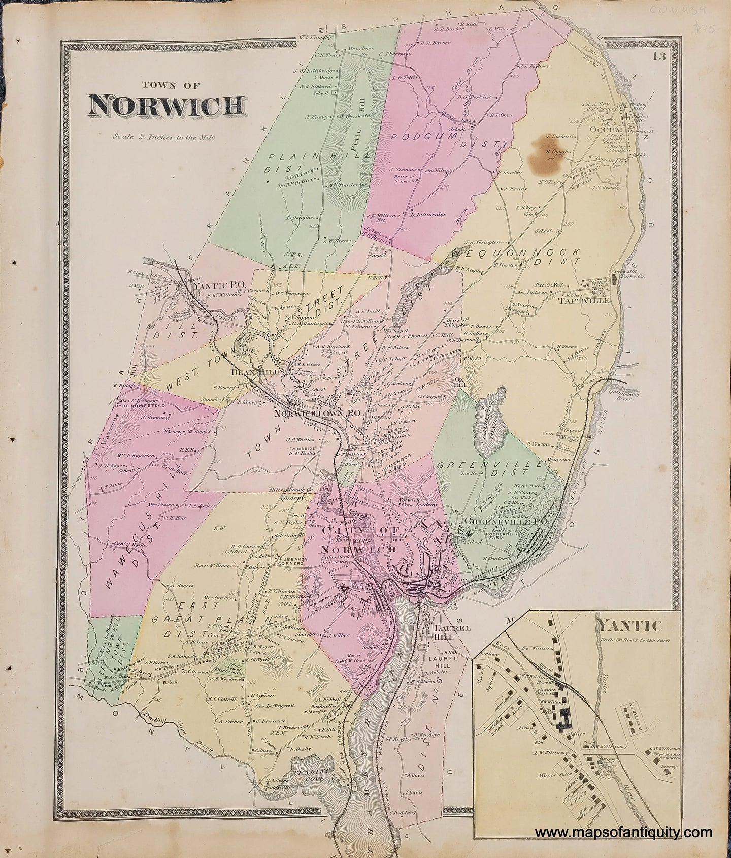 Genuine-Antique-Hand-Colored-Map-Town-of-Norwich-CT--1868-Beers-Ellis-Soule--Maps-Of-Antiquity
