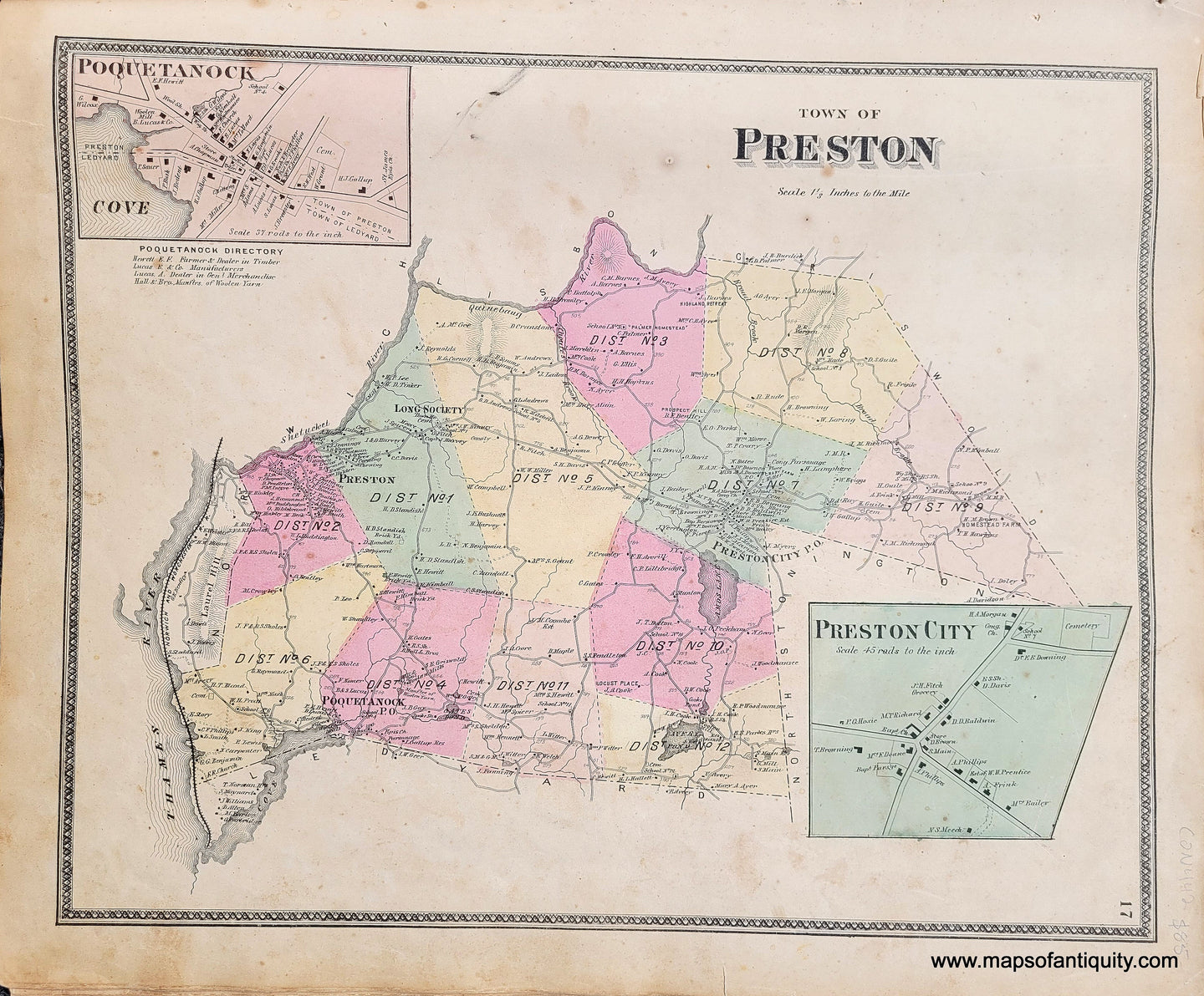 Genuine-Antique-Map-Town-of-Preston-CT--1868-Beers-Ellis-Soule-Maps-Of-Antiquity