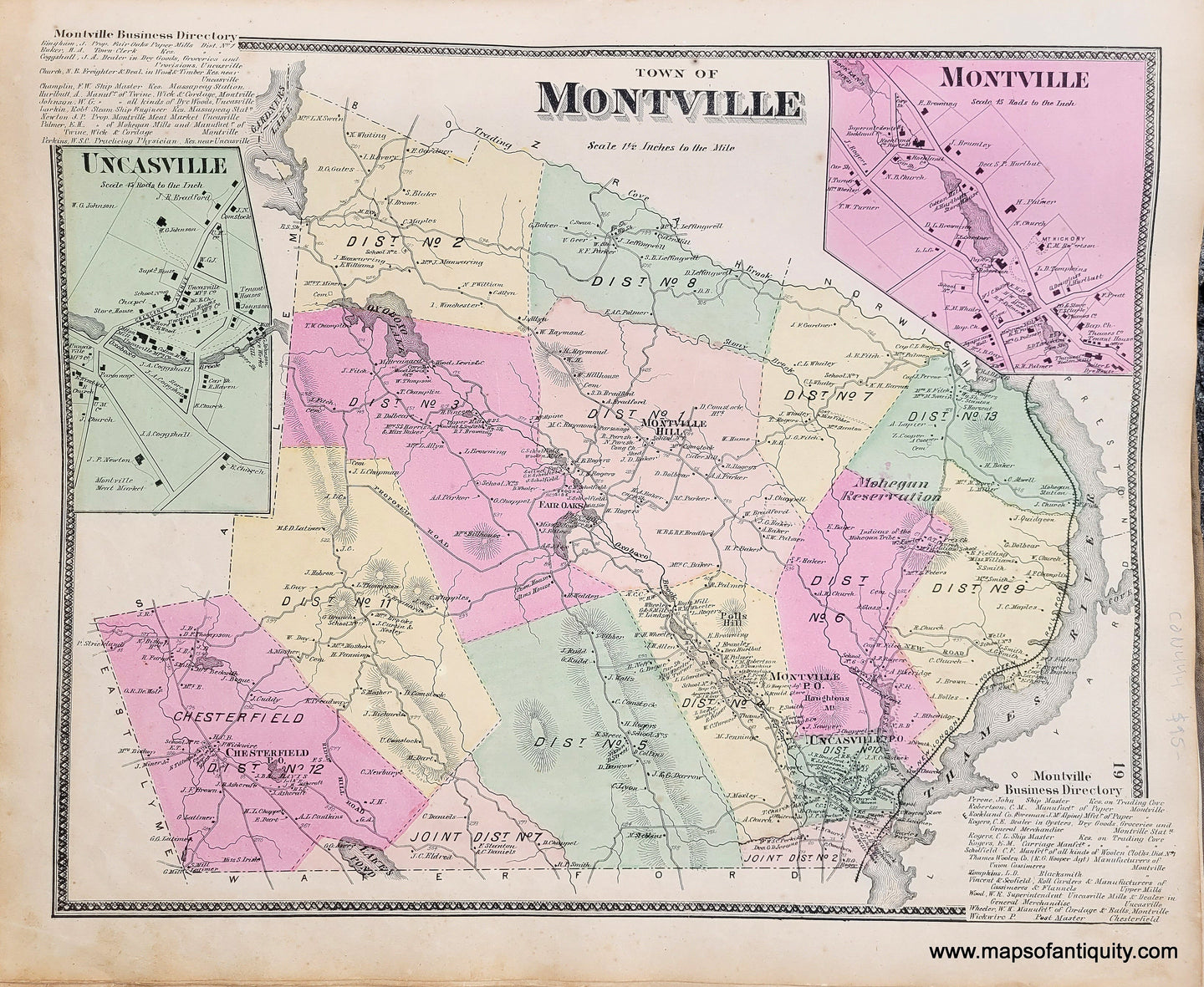 Genuine-Antique-Map-Town-of-Montville-CT--1868-Beers-Ellis-Soule-Maps-Of-Antiquity
