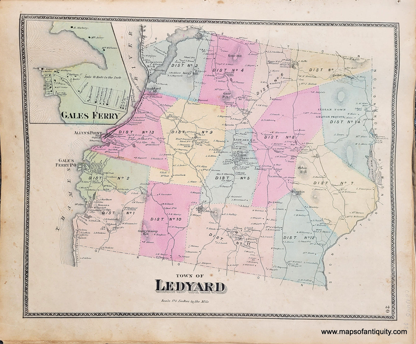 Genuine-Antique-Map-Town-of-Ledyard-CT--1868-Beers-Ellis-Soule-Maps-Of-Antiquity