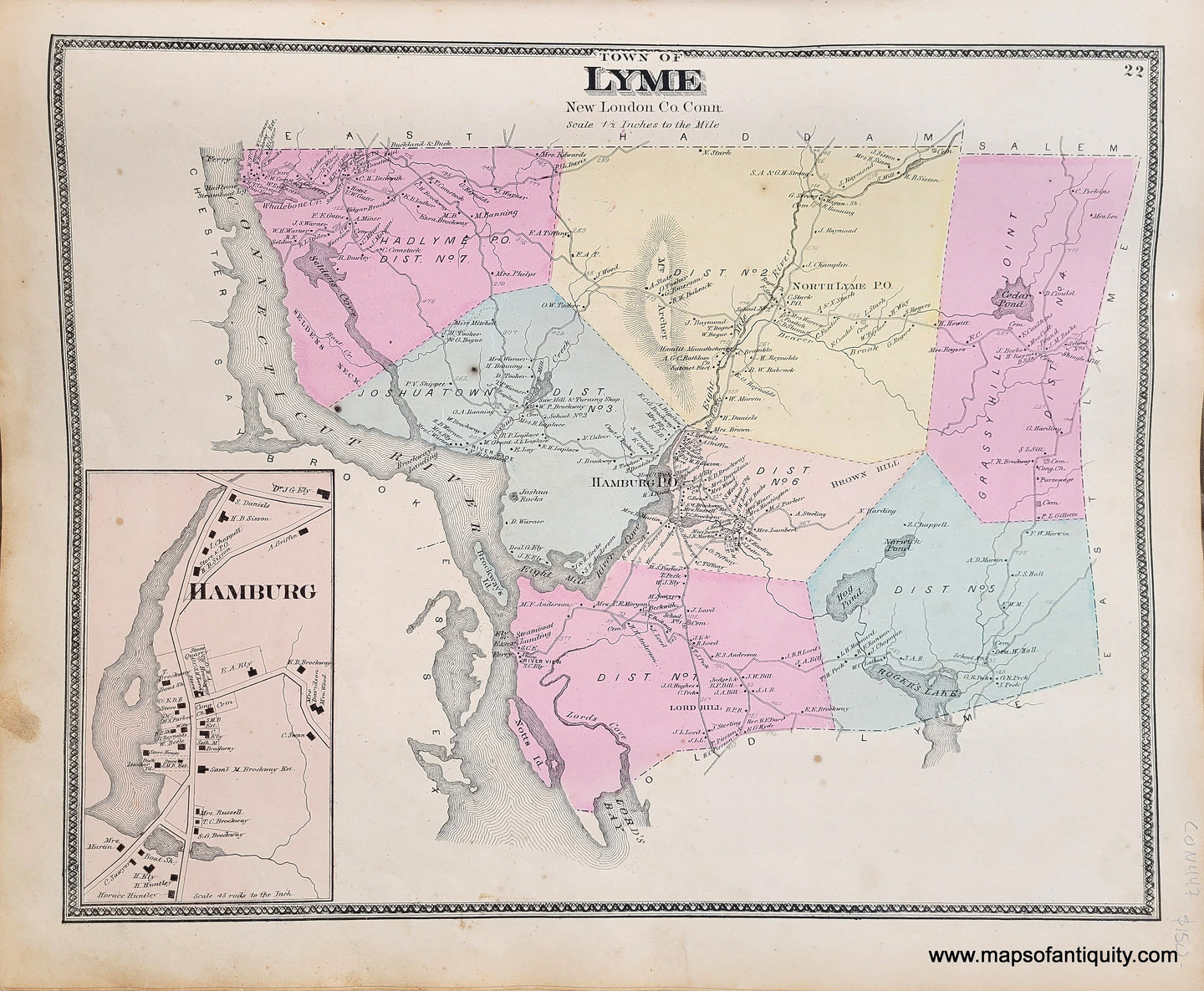 Genuine-Antique-Map-Town-of-Lyme-CT--1868-Beers-Ellis-Soule-Maps-Of-Antiquity