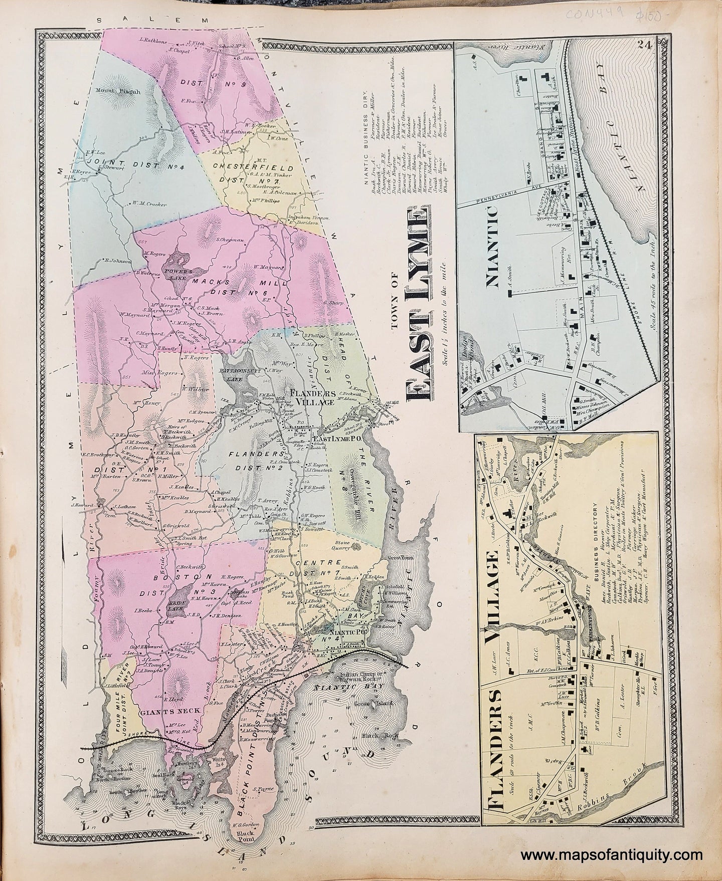 Genuine-Antique-Map-Town-of-East-Lyme-CT--1868-Beers-Ellis-Soule-Maps-Of-Antiquity