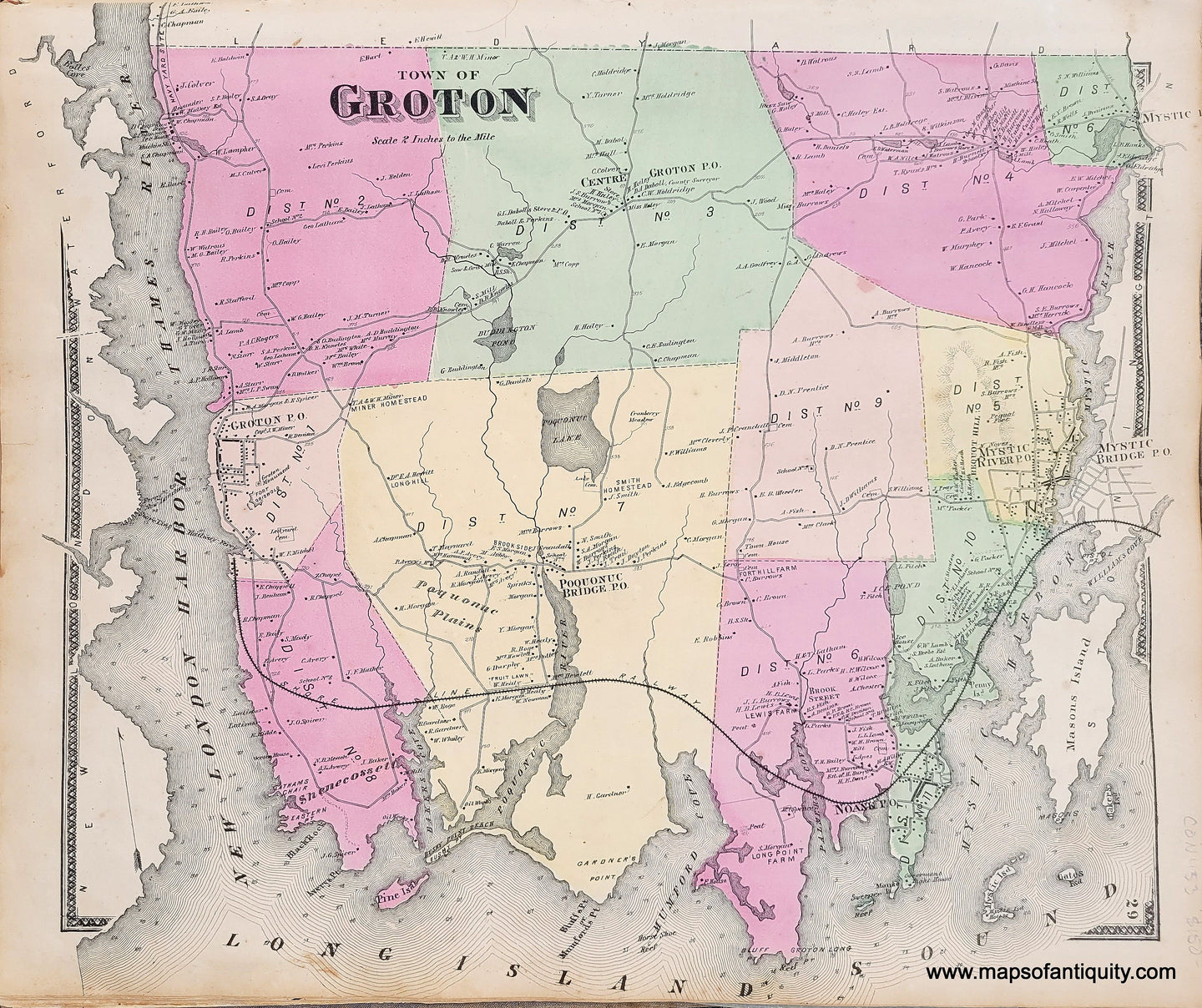 Genuine-Antique-Map-Town-of-Groton-CT--1868-Beers-Ellis-Soule-Maps-Of-Antiquity